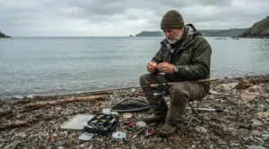 An angler setting up rig bodies for sea fishing on a shingle beach at low tide