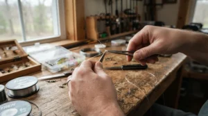 A detailed shot of rig bodies for sea fishing being tied on a workbench