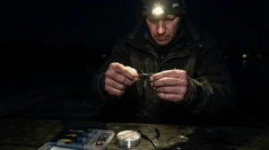 Preparing rig bodies for sea fishing under a headlamp during an evening session
