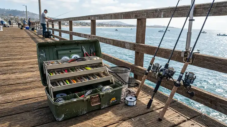 An angler organizing rig bodies for sea fishing on a wooden pier