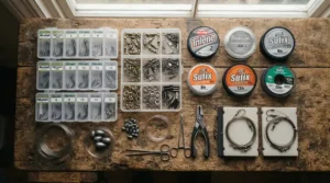A close-up view of rig bodies for sea fishing arranged alongside terminal tackle bundles