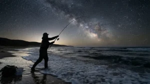 Night time view of rigs for cod fishing beach being cast into dark coastal waters.