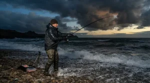 An angler using effective rigs for cod fishing beach during the cold winter season at dusk.