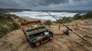 Testing a sea fishing reel for rough weather during a heavy surf casting review session