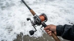 Close-up of a multiplier sea fishing reel for rough weather set up for heavy surf casting