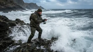 Using a sea fishing reel for rough weather from a slippery rock mark in a winter gale