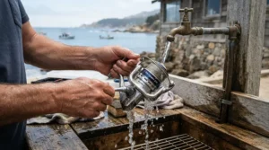 Rinsing a sea fishing reel for rough weather after a saltwater session during routine maintenance