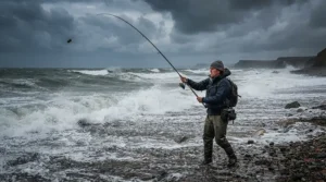 An angler using a sea fishing reel for rough weather on a stormy British shingle beach