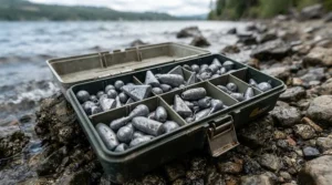 An angler organising value beach fishing leads from a large bulk buy selection on a shingle shore.
