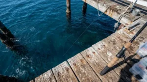 Dropping a rig straight down from a concrete pier using value beach fishing leads.