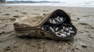 Storing multiple value beach fishing leads in a heavy-duty tackle pouch for easy transport.