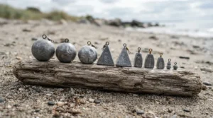 A neat arrangement of different lead weight sizes included in value beach fishing leads sets.