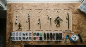 An assortment of value beach fishing rig sets laid out neatly on a wooden table, showcasing rig variety for sea anglers.
