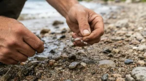 Angler holding a pulley rig for beach fishing from a shingle coastline, featuring components from value beach fishing rig sets.