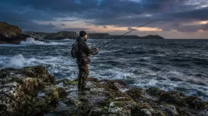 Using value beach fishing rig sets during an evening sea fishing session off a rocky British coastline.