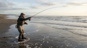 Casting a line equipped with items from value beach fishing rig sets across a wide British sandy beach at low tide.